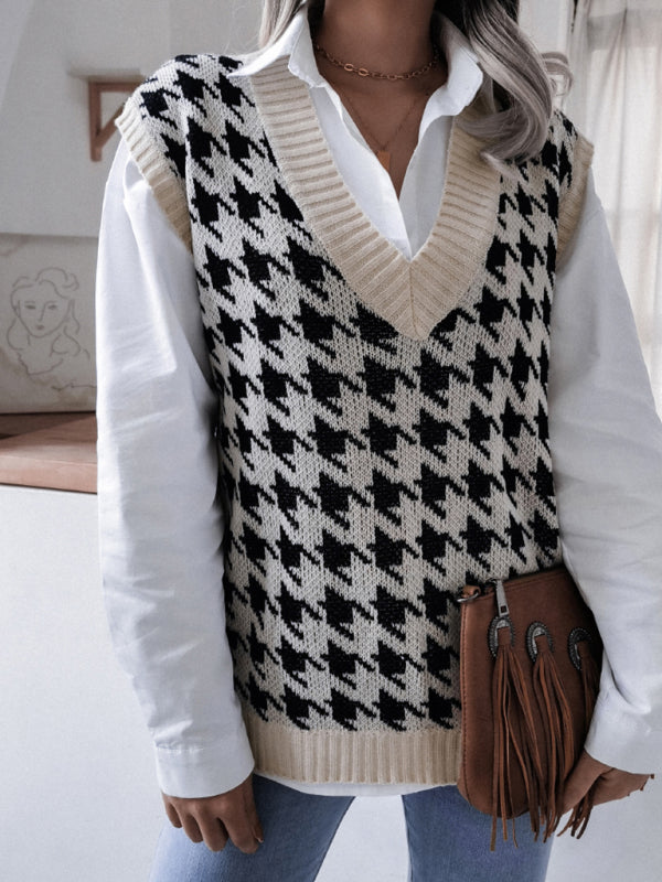 Sweater Vests- Knitted V Neck Sweater - Houndstooth Vest- - Pekosa Women Clothing