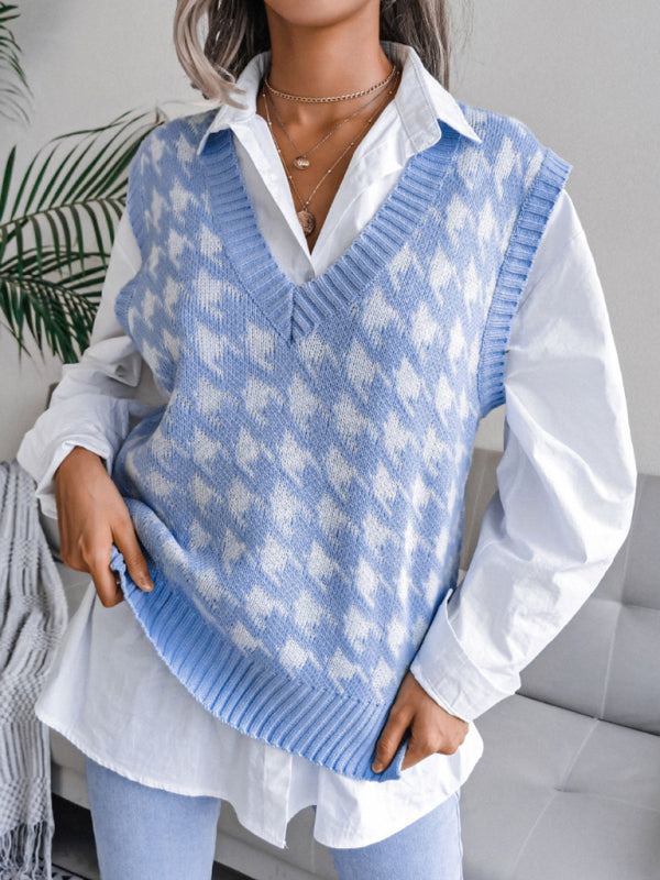 Sweater Vests- Knitted V Neck Sweater - Houndstooth Vest- - Pekosa Women Clothing