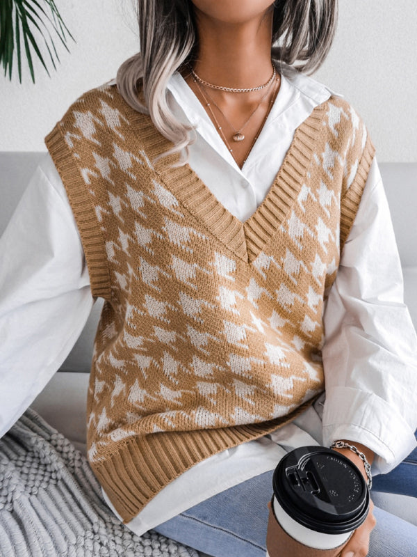 Sweater Vests- Knitted V Neck Sweater - Houndstooth Vest- - Pekosa Women Clothing