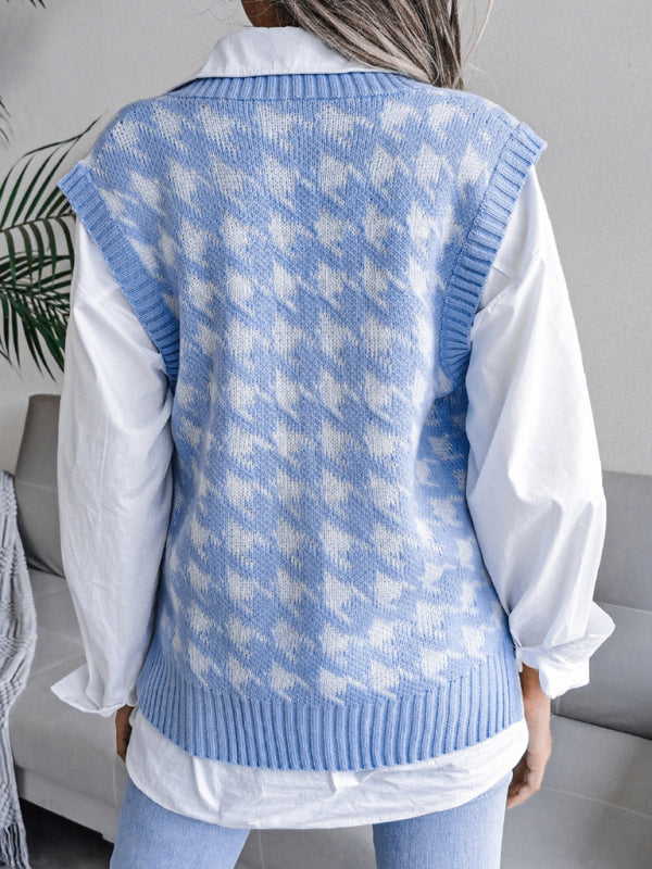 Sweater Vests- Knitted V Neck Sweater - Houndstooth Vest- - Pekosa Women Clothing