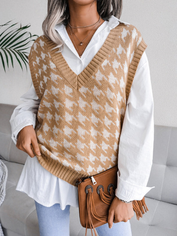 Sweater Vests- Knitted V Neck Sweater - Houndstooth Vest- - Pekosa Women Clothing