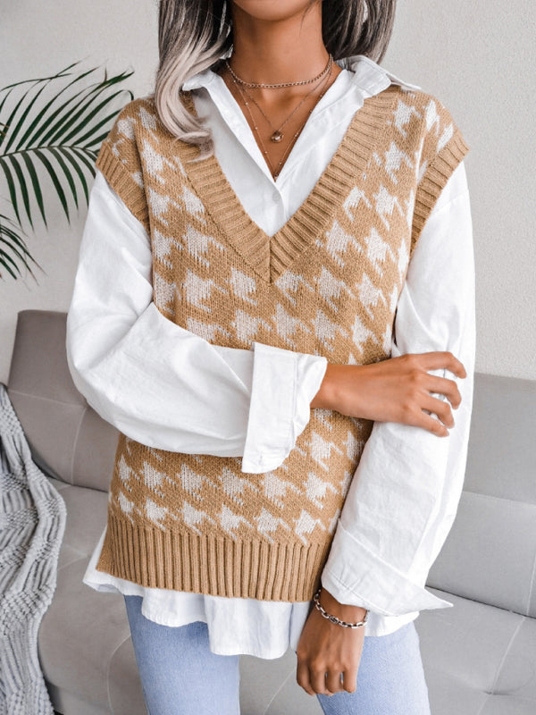 Sweater Vests- Knitted V Neck Sweater - Houndstooth Vest- - Pekosa Women Clothing