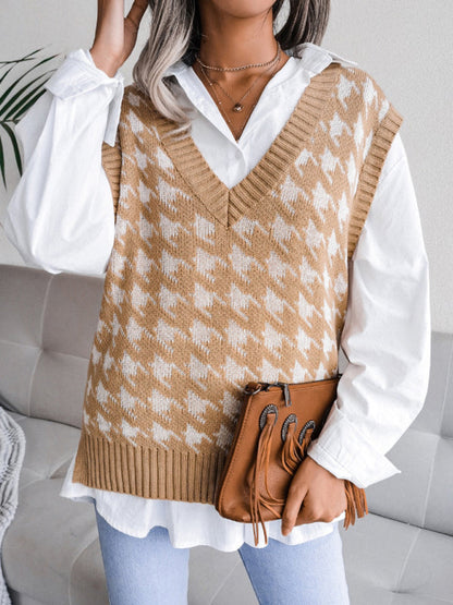 Sweater Vests- Knitted V Neck Sweater - Houndstooth Vest- - Pekosa Women Clothing