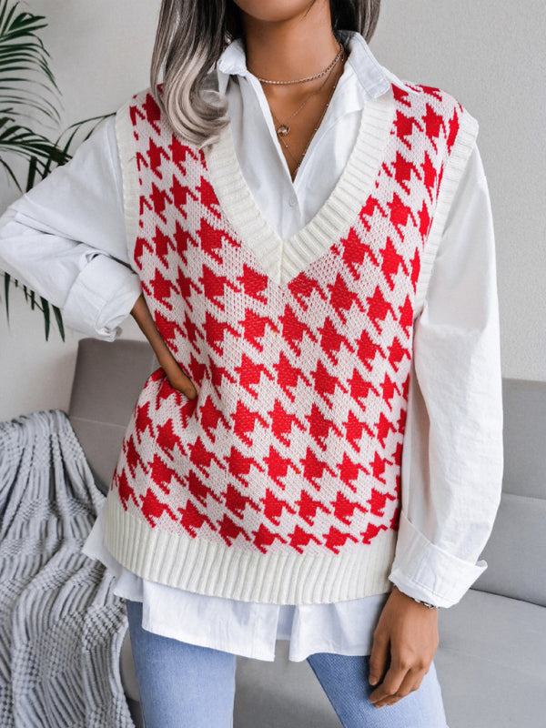 Sweater Vests- Knitted V Neck Sweater - Houndstooth Vest- - Pekosa Women Clothing