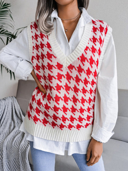 Sweater Vests- Knitted V Neck Sweater - Houndstooth Vest- - Pekosa Women Clothing