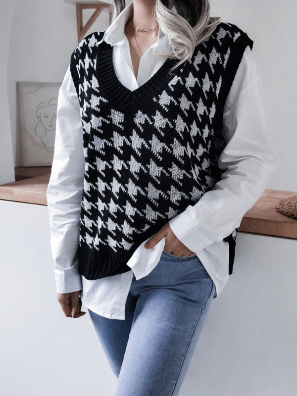 Sweater Vests- Knitted V Neck Sweater - Houndstooth Vest- Black- Pekosa Women Clothing