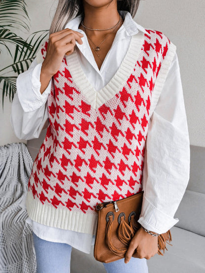 Sweater Vests- Knitted V Neck Sweater - Houndstooth Vest- - Pekosa Women Clothing