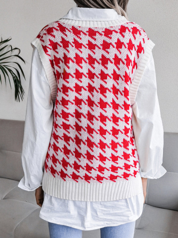 Sweater Vests- Knitted V Neck Sweater - Houndstooth Vest- Red- Pekosa Women Clothing