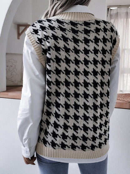 Sweater Vests- Knitted V Neck Sweater - Houndstooth Vest- khaki- Pekosa Women Clothing