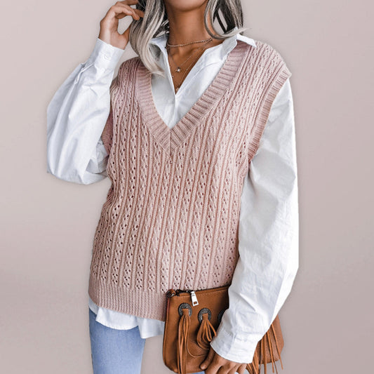 Sweater Vests- Knitted V Neck Sweater - Twist Cable Knit Vest- Pink- Pekosa Women Clothing