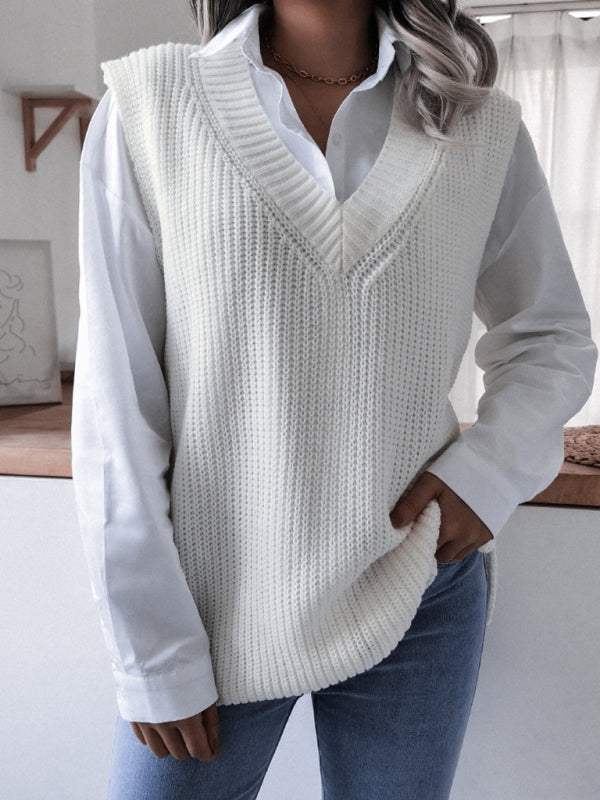 Sweater Vests- Knitted V Neck Sweater Vest- White- Pekosa Women Clothing