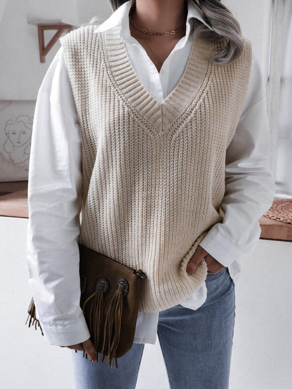 Sweater Vests- Knitted V Neck Sweater Vest- - Pekosa Women Clothing