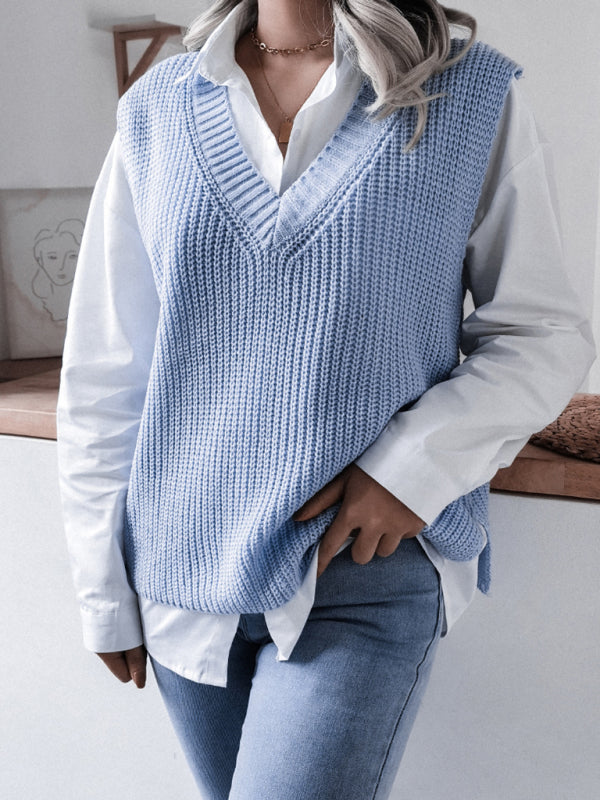 Sweater Vests- Knitted V Neck Sweater Vest- - Pekosa Women Clothing