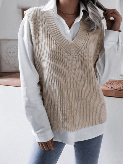 Sweater Vests- Knitted V Neck Sweater Vest- - Pekosa Women Clothing