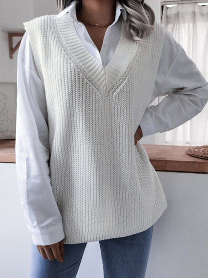 Sweater Vests- Knitted V Neck Sweater Vest- - Pekosa Women Clothing