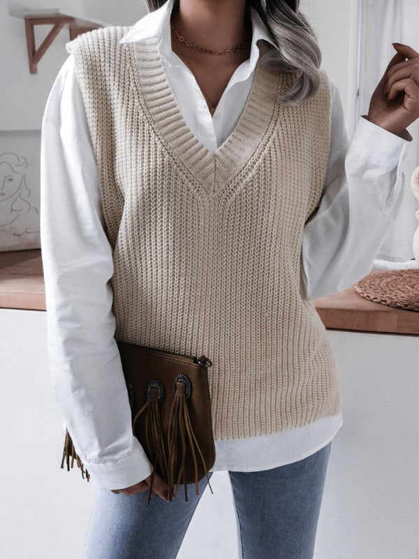 Sweater Vests- Knitted V Neck Sweater Vest- - Pekosa Women Clothing