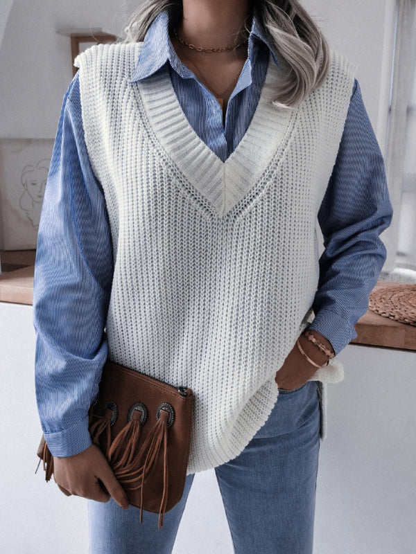 Sweater Vests- Knitted V Neck Sweater Vest- - Pekosa Women Clothing