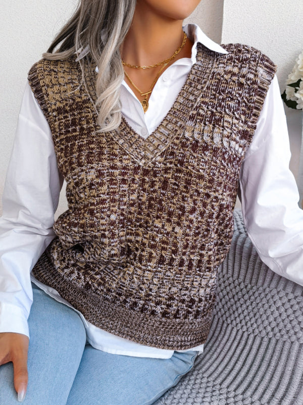 Sweater Vests- Knitted V Neck Sweater Vest - Knitwear Slipover- - Pekosa Women Clothing