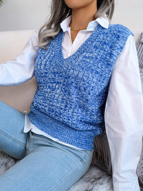 Sweater Vests- Knitted V Neck Sweater Vest - Knitwear Slipover- - Pekosa Women Clothing