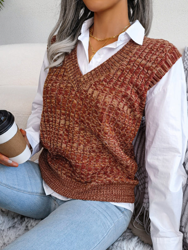 Sweater Vests- Knitted V Neck Sweater Vest - Knitwear Slipover- - Pekosa Women Clothing