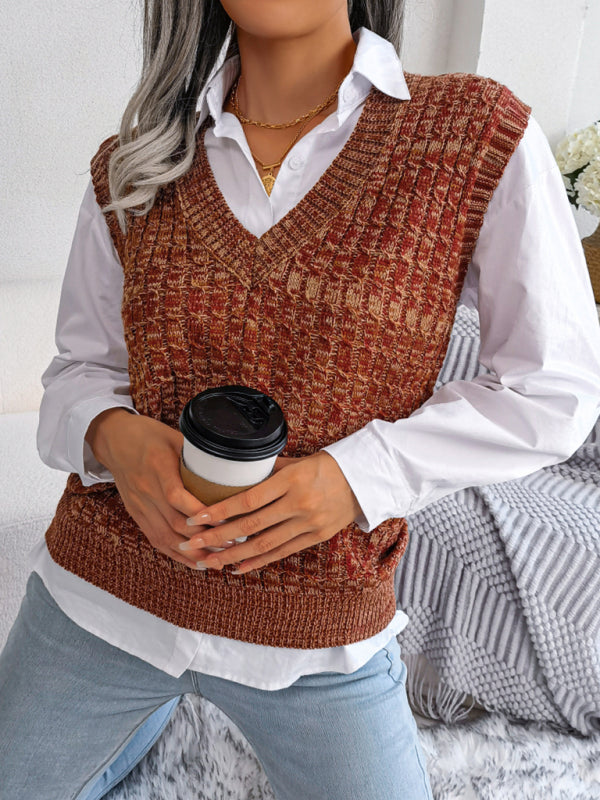 Sweater Vests- Knitted V Neck Sweater Vest - Knitwear Slipover- - Pekosa Women Clothing