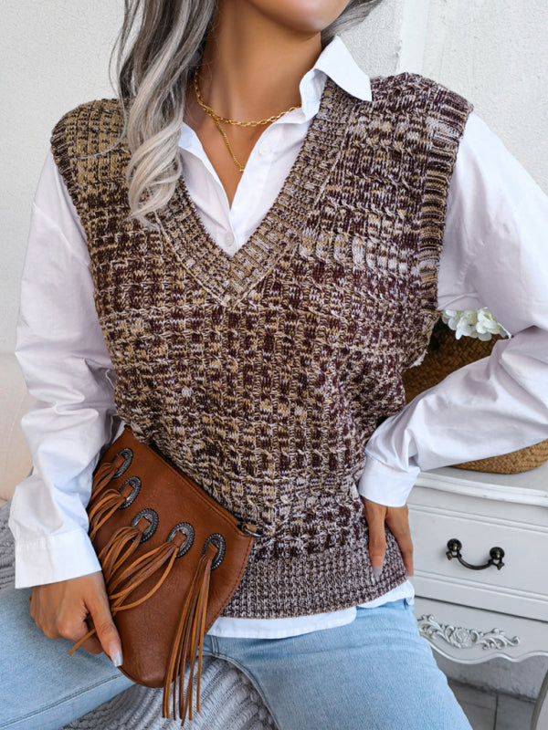 Sweater Vests- Knitted V Neck Sweater Vest - Knitwear Slipover- - Pekosa Women Clothing