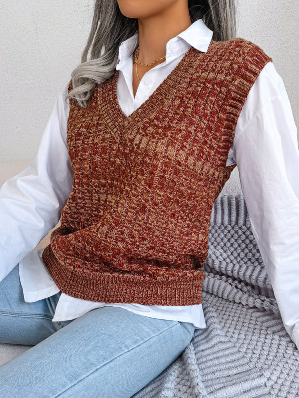 Sweater Vests- Knitted V Neck Sweater Vest - Knitwear Slipover- - Pekosa Women Clothing