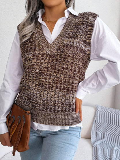 Sweater Vests- Knitted V Neck Sweater Vest - Knitwear Slipover- Khaki- Pekosa Women Clothing