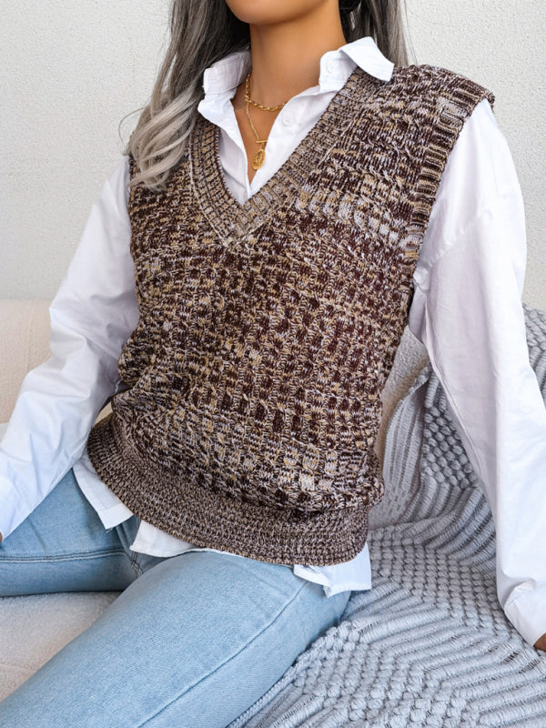 Sweater Vests- Knitted V Neck Sweater Vest - Knitwear Slipover- - Pekosa Women Clothing