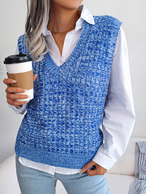 Sweater Vests- Knitted V Neck Sweater Vest - Knitwear Slipover- - Pekosa Women Clothing