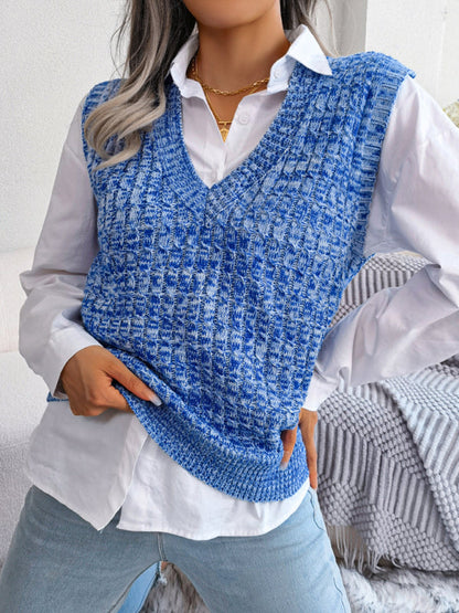 Sweater Vests- Knitted V Neck Sweater Vest - Knitwear Slipover- Blue- Pekosa Women Clothing