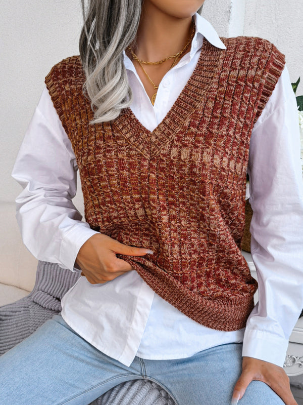 Sweater Vests- Knitted V Neck Sweater Vest - Knitwear Slipover- - Pekosa Women Clothing