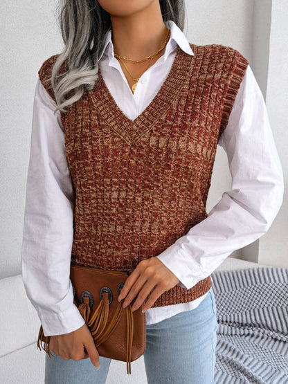 Sweater Vests- Knitted V Neck Sweater Vest - Knitwear Slipover- Orange- Pekosa Women Clothing