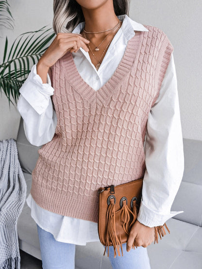 Sweater Vests- Knitwear Vest - V Neck Twist Knitted Sweater- Pink- Pekosa Women Clothing