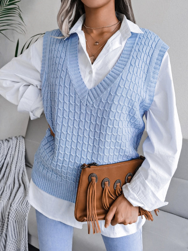 Sweater Vests- Knitwear Vest - V Neck Twist Knitted Sweater- Blue- Pekosa Women Clothing