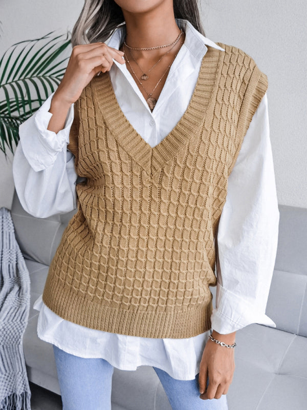 Sweater Vests- Knitwear Vest - V Neck Twist Knitted Sweater- - Pekosa Women Clothing