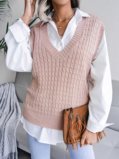 Sweater Vests- Knitwear Vest - V Neck Twist Knitted Sweater- - Pekosa Women Clothing