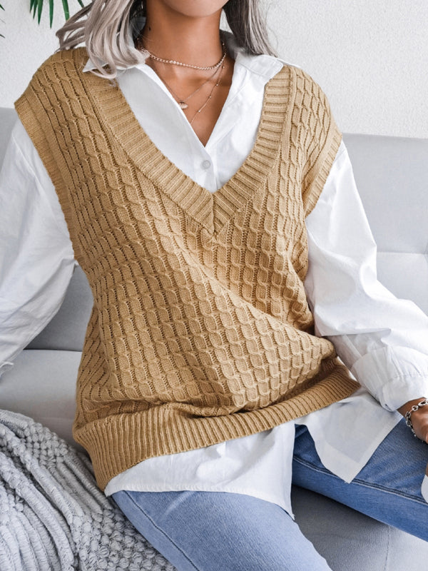 Sweater Vests- Knitwear Vest - V Neck Twist Knitted Sweater- - Pekosa Women Clothing