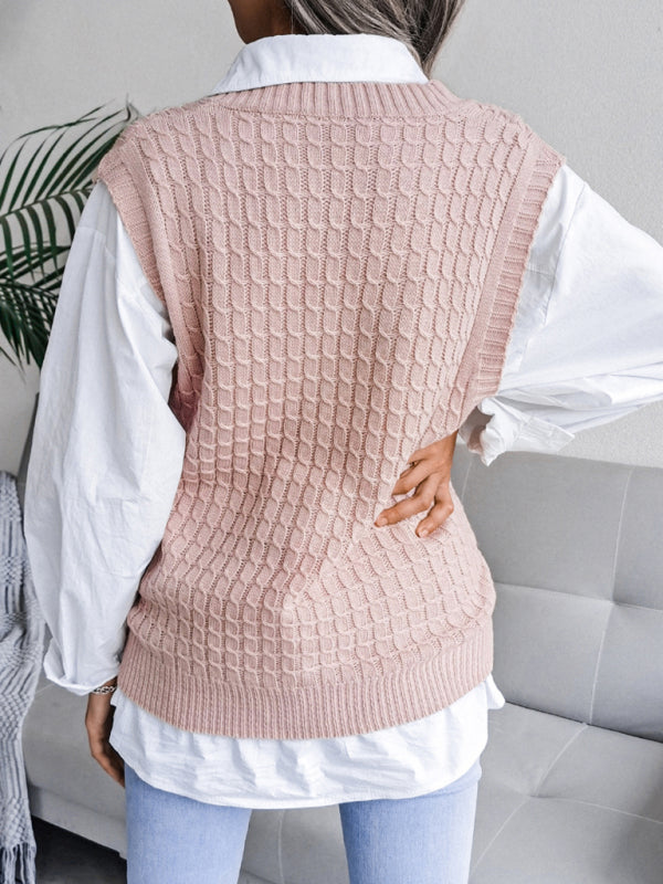 Sweater Vests- Knitwear Vest - V Neck Twist Knitted Sweater- - Pekosa Women Clothing