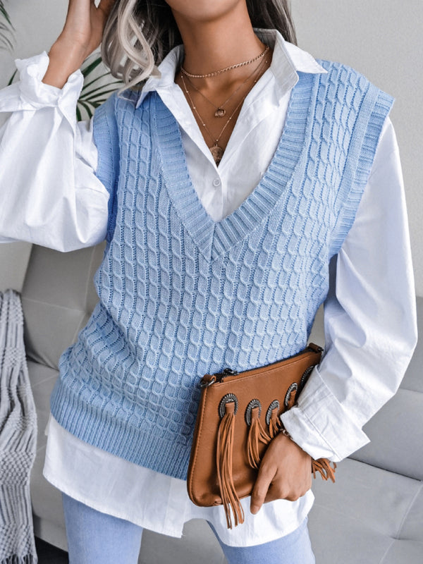 Sweater Vests- Knitwear Vest - V Neck Twist Knitted Sweater- - Pekosa Women Clothing