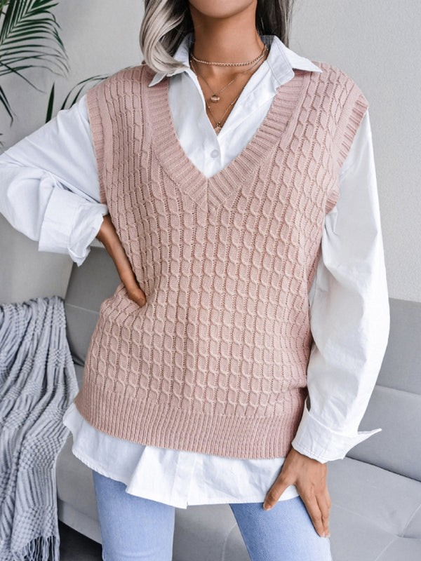 Sweater Vests- Knitwear Vest - V Neck Twist Knitted Sweater- - Pekosa Women Clothing