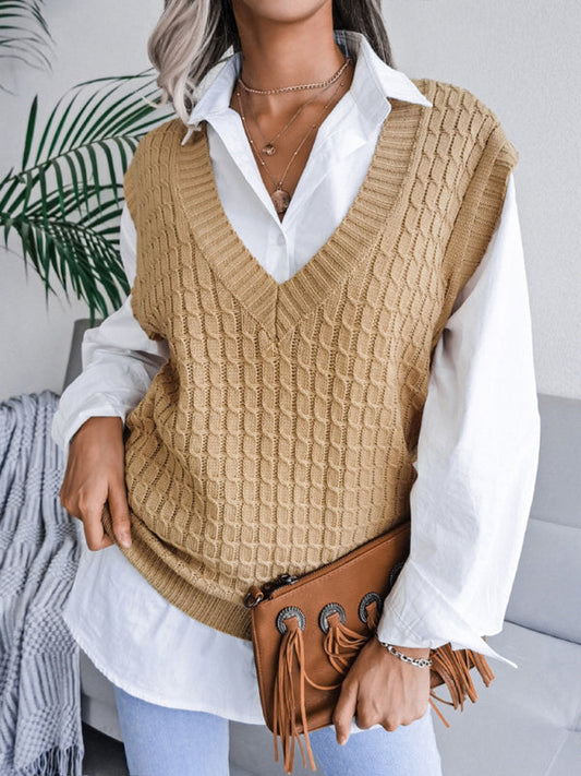 Sweater Vests- Knitwear Vest - V Neck Twist Knitted Sweater- Khaki- Pekosa Women Clothing