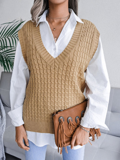 Sweater Vests- Knitwear Vest - V Neck Twist Knitted Sweater- - Pekosa Women Clothing