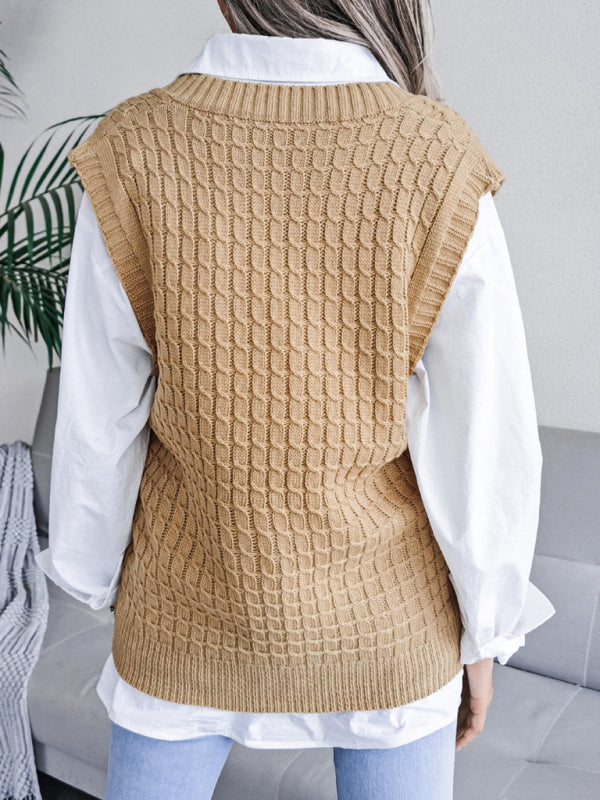 Sweater Vests- Knitwear Vest - V Neck Twist Knitted Sweater- - Pekosa Women Clothing