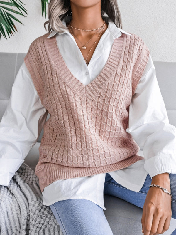 Sweater Vests- Knitwear Vest - V Neck Twist Knitted Sweater- - Pekosa Women Clothing