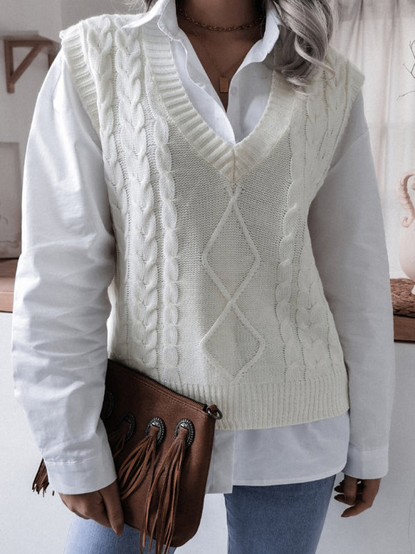 Sweater Vests- Rhombus Cable Knitted Vest - V Neck Sweater- White- Pekosa Women Clothing