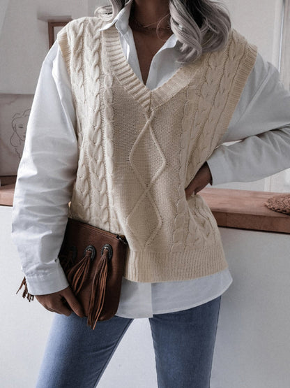 Sweater Vests- Rhombus Cable Knitted Vest - V Neck Sweater- - Pekosa Women Clothing