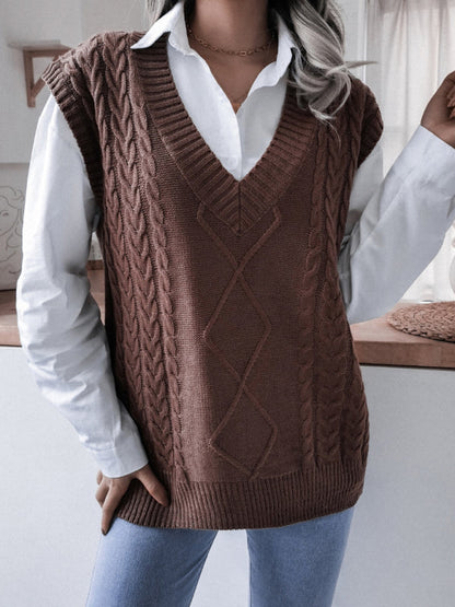 Sweater Vests- Rhombus Cable Knitted Vest - V Neck Sweater- - Pekosa Women Clothing