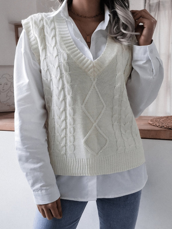 Sweater Vests- Rhombus Cable Knitted Vest - V Neck Sweater- - Pekosa Women Clothing