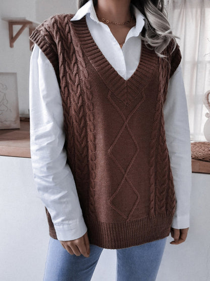 Sweater Vests- Rhombus Cable Knitted Vest - V Neck Sweater- - Pekosa Women Clothing